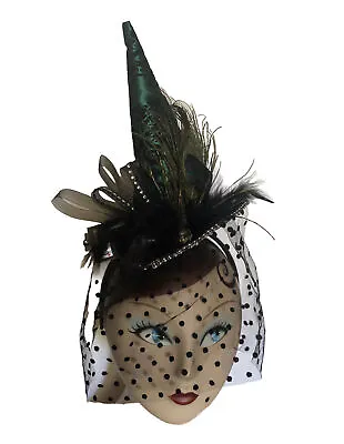 Black Fancy Mini Hat Headband Peacock Feathers Faire Or Halloween Witch Veil • $26