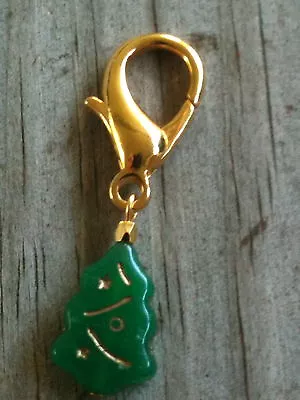 Green Pressed Glass Christmas Tree With Gold Highlights Zipper Pull/Collar Charm • $5.99