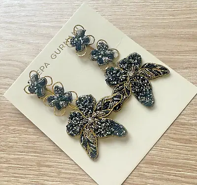 Deepa Gurnani Embroidered Orchid Earrings Black Gold BNWT • £16