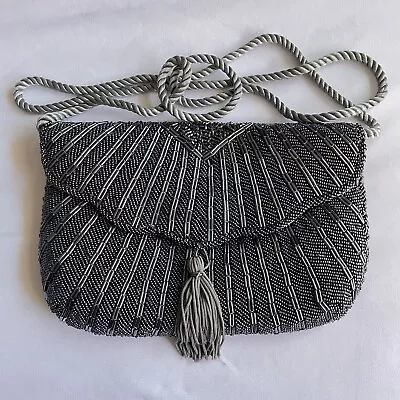 Vintage Beaded Sequin Crossbody Or A Clutch Evening Bag With Tassel In Charcoal • $40