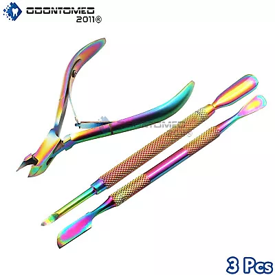 Rainbow Multi Color Nail Cuticle Spoon Pusher Remover Cutter Nipper Set 3Pcs • $10.60