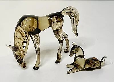 Pair Of Vintage Hand Blown Art Glass Marbled Glass Horse Mama And Baby Figurines • $33.30