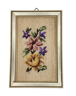 Vintage Floral Needlepoint Framed Embroidery Fiber Wall Art Cross Stitch Decor • $19.99