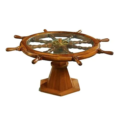 Table Ship's Wheel Coffee Glass Top Uniquely Carved Mahogany 1900's! • $1395