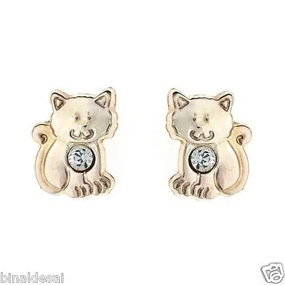 9ct Gold Tiny Small Kitten CAT Crystal Studs Earrings Kids Girls B'day GIFT BOX • £18.50