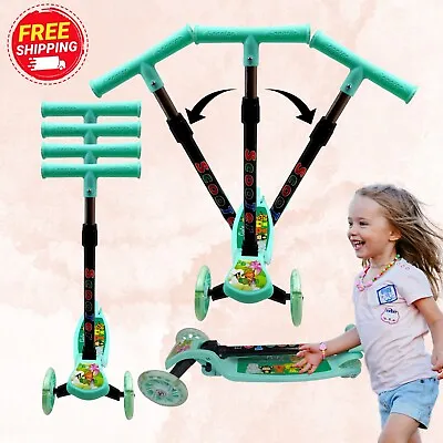 3 Wheel Green Kids Scooter Foldable Height Adjustable Kick Scooters Flashing LED • £13.45