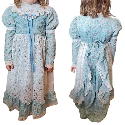 Vintage 70s Sz 6 Prairie Apron Dress Maxi Blue Ditsy Floral Longsleeve Ruffles • $109.58