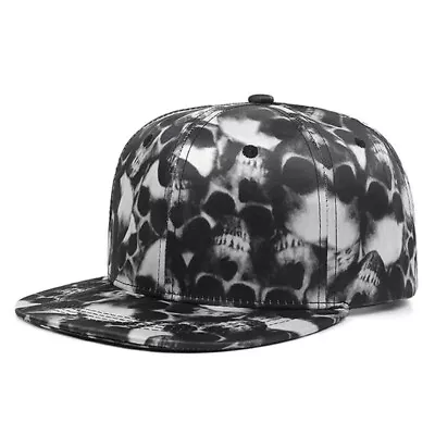 Skull Baseball Cap Snapback Flat Peak Hip Hop Rap Classic Hat Men Rock Biker • £8.95