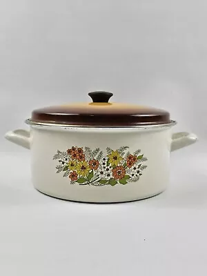 Vintage MCM Enamelware Pot Flowers Floral Brown Orange With Handles And Lid • $29.99