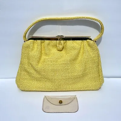 Vintage 1960’s Yellow Carpet Shoulder Bag Chenille Tortoise ￼Lucite Kiss Lock • $202.12