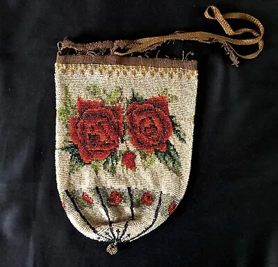 Antique Vintage Micro Beaded Roses Purse Drawstring Bag For Repair Or Repurpose • $40