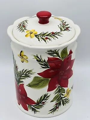 White Ceramic Cookie Jar / Canister W/Red Poinsettias 9” Tall • $19