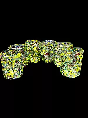 Hand Blown Mexican Confetti Rocks Design Drinking Glasses Set Of 6 • $42.40