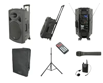 QTX QR12PA Rechargeable 200W Speaker Hand + Headset Radio Mic + Stand + Cover • £350