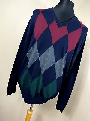 Alan Flusser XL Sweater Navy Blue Argyle V Neck Cotton Silk Cashmere Long Slv J8 • $26.40