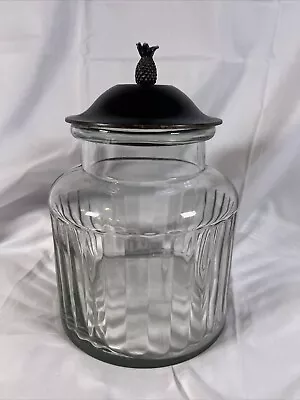 Vintage Pressed Clear Glass Ribbed Canister With Brown Metal Lid Pineapple Top • $19