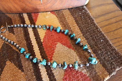 Vintage Sterling Silver Turquoise Nugget Necklace Spacer Beads Navajo 18.5” • $95