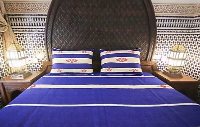 Moroccan Set Throw Blanket Pillow Covers - Blue White - Merino Wool - 6.6 X 8.4 • $120