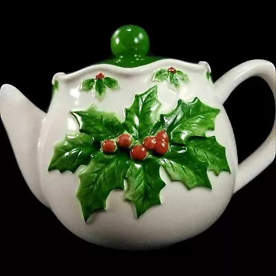 Otagiri Teapot Mary Ann Baker Christmas Holly Berries Embossed Handpainted Vtg • $42.99