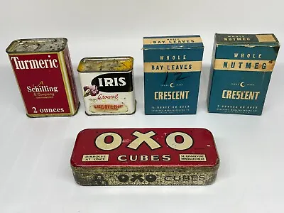 Vintage Spices LOT IRIS SCHILLING Tins CRESCENT Whole Spice Boxes With Contents • $47