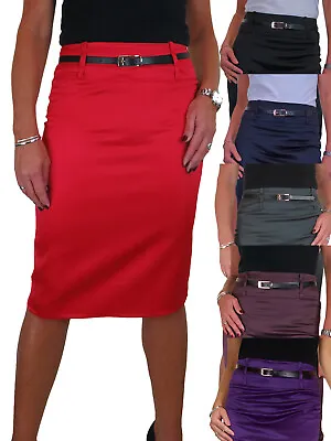 Ladies Satin Pencil Skirt Womens Evening Mid Waisted Office Skirt  Size 8-22 • £19.99