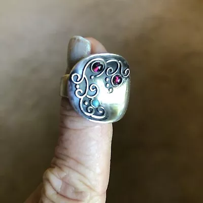 925 Sterling Silver Concave Ring Size 6  Vintage Southwest Turquoise Garnet • $65