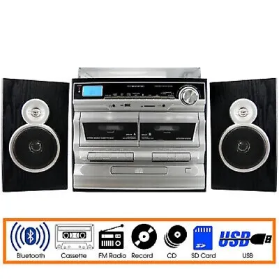 Trexonic 11BS 3-Speed Turntable Dual Cassette CD Player W USB SD AUX Bluetooth • $155.63