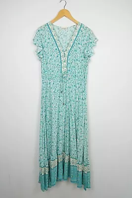 Iris Maxi Womens Dress 14 16 Aqua Floral Tiered Flutter Sleeve Boho Midi Plus • $39