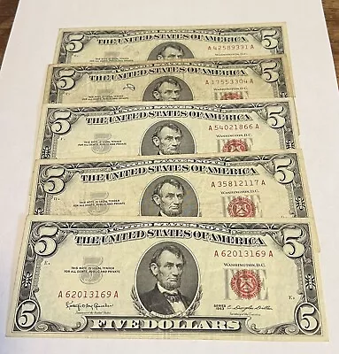 5x 1963 $5 Bill Red Seal Five Dollar United States Currency Lot Of 5 • $39.95