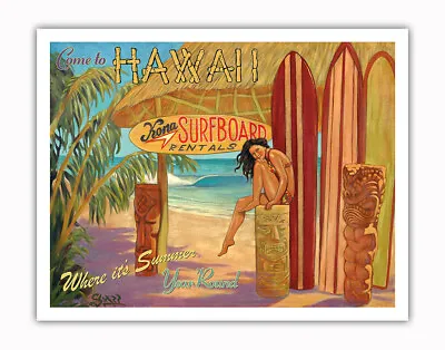 Kona Surfboards Come To Hawaii - Vintage Hawaiian Travel Poster By Rick Sharp • $15.98