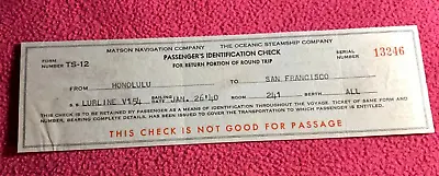 1940 MATSON LINE San Francisco HAWAII HONOLULU Passenger IDENTIFICATION CHECK • $24.24