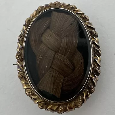 Antique Victorian Gold Filled Woven Hair Under Glass Mourning Brooch • $45