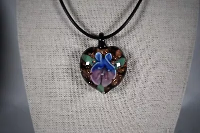 Handmade Heart Shaped Glass Pendent Black Gold With Flower • $12