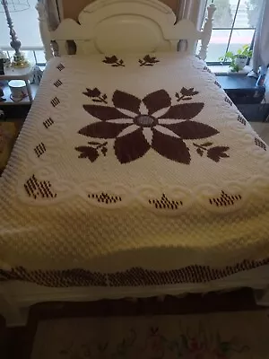 Vintage Chenille Bedspread Beige Brown Caterpillar Flower 93 X104  • $59.90