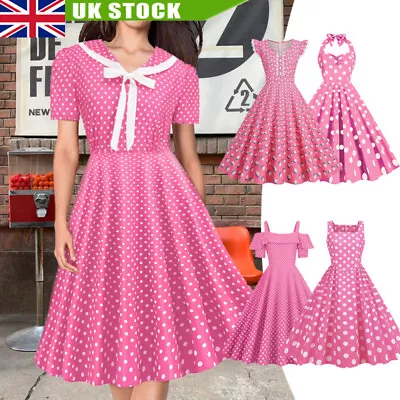 Women Retro 50s 60s Rockabilly Polka Dot Cocktail Party Swing Pink Dress • £5.69