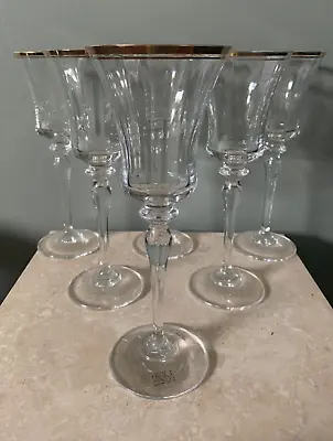 SIX (6) Mikasa JAMESTOWN GOLD TRIM 8 3/4  Wine Glasses OPTIC Austria HANDBLOWN • $79.95