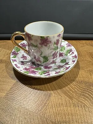 Vintage Mini Tea Cup / Espresso Cup And Saucer Set Violet Flowers Purple • $9.99