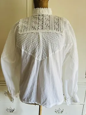 1970s Vs Edwardian Cotton & Lace Blouse Prairie Raised Collar Hippie Boho VTG • £35