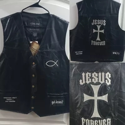 Giovanni Navarre Genuine Leather Jesus Biker Black Vest Mens Size 2xl • $36