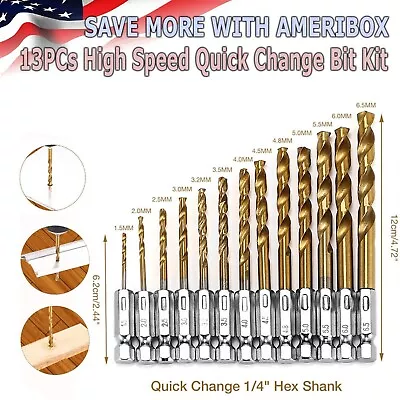 13PCS HSS Twist Drill Bit Set Metal Titanium 1/4  Hex Shank Kit QUICK RELEASE • $5.95