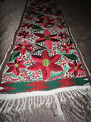 Mexican Hand Made Table Runner Topper- Silk Floral Poinsettias- Embroidery • $89.99