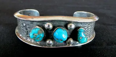 Vtg Solid STERLING SILVER Cuff BRACELET W Turquoise Stones 60.9 GMS 3/4  Wide • $180