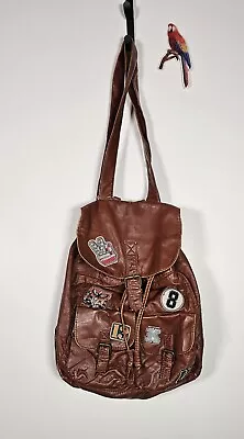 Mudd Back Pack Bag Brown Flux Leather Patches Adjustable Back Straps Snap Close • $24.50