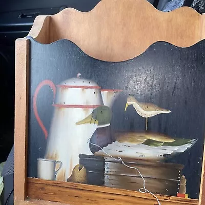 Vtg Wood Mail Letter Holder Wall Hanging Box With Duck • $10.99