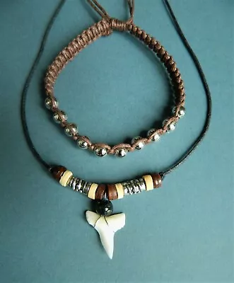 Real 1cm Shark Tooth Necklace + Bracelet Unique Jewellery Gift Set Boys Mens  • £9.99