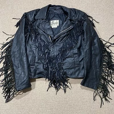 VINTAGE Bermans Leather Fringe Jacket Mens 38 Oversized Black 80s Tassel Biker • $88.41