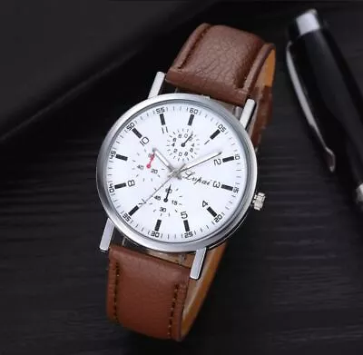 Men’s/Youth’s Designer Sport Large White Face Watch Brown Grain Leather Strap • £9.95