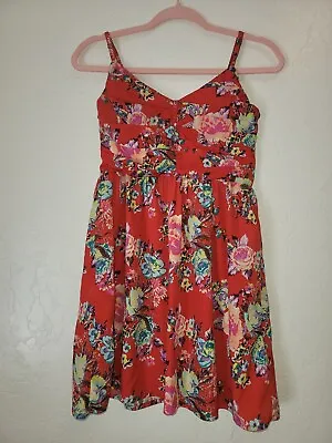 Roxy Womens Sz S Shoreline Mini Dress Red Floral Spaghetti Strap Smocked Casual • $12.44