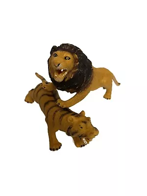 Soft Rubber Lion And Tiger Animal Toy Vintage Squishy Jungle Pair Green Eyes • $8.40