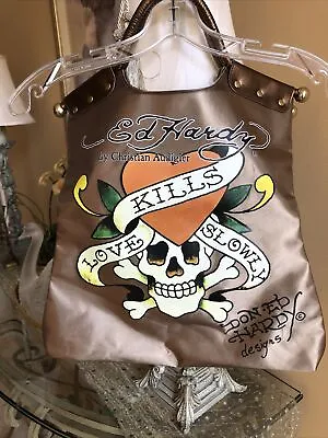 Ed Hardy LOVE KILLS SLOWLY Large Tote Brown Bronze Hand Bag Carry 18x14 • $19.99